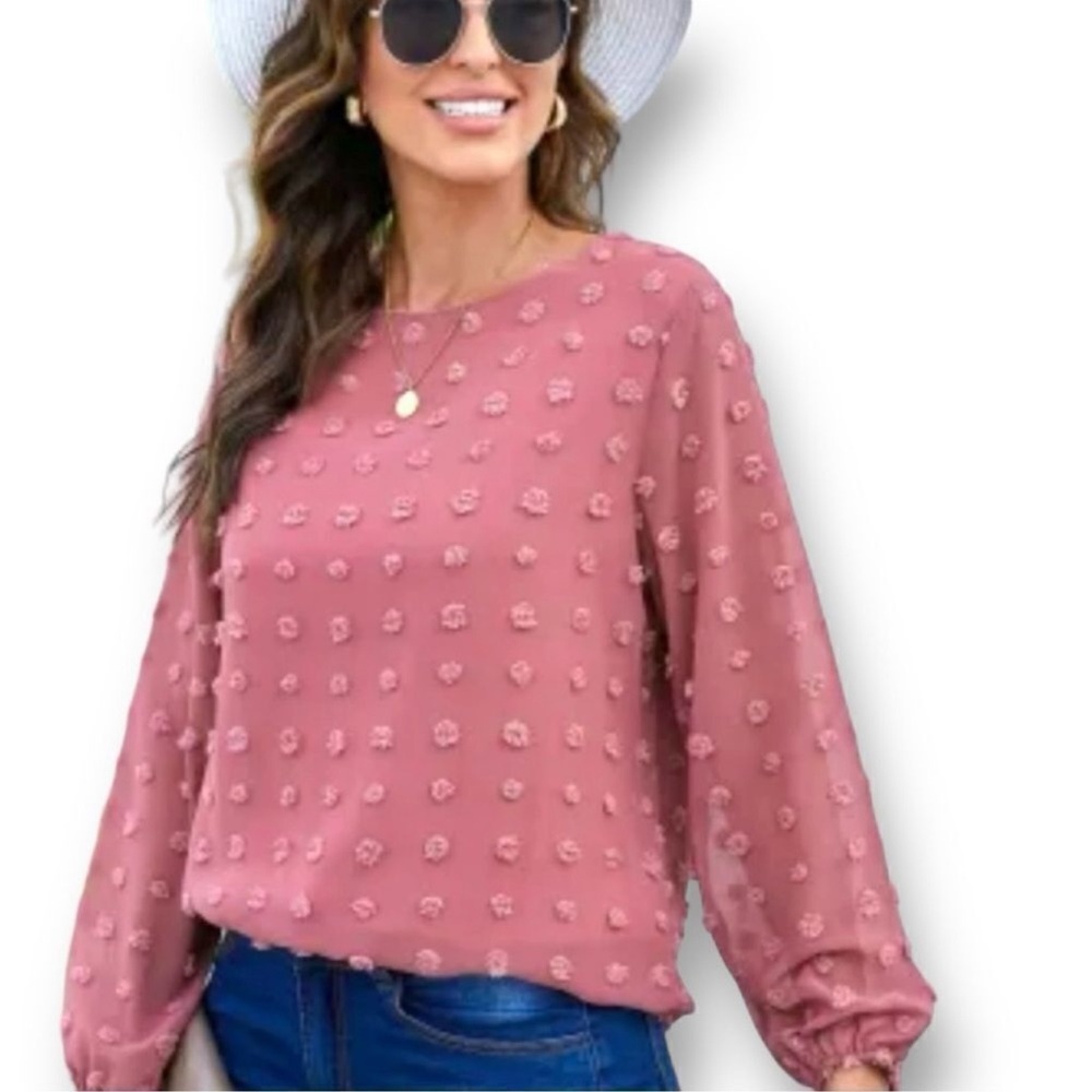 💐 PINK SWISS DOT PUFFED LONG SLEEVE TOP - Picture 1 of 11
